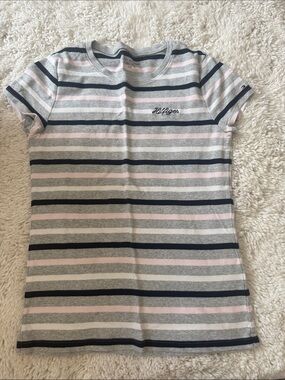 Tommy Hilfiger Girls' Navy, Light Pink & Gray Striped Short Sleeve Tee